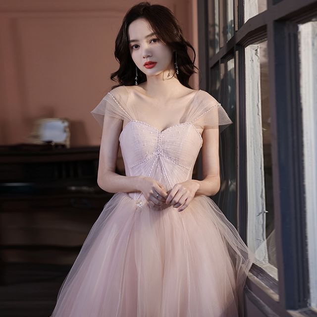 A-Line Strapless Mesh Evening Gown