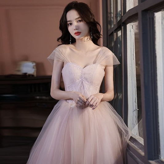 A-Line Strapless Mesh Evening Gown