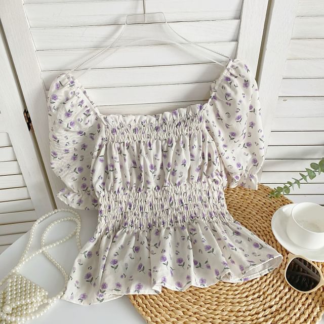 Short-Sleeve Floral Peplum Blouse