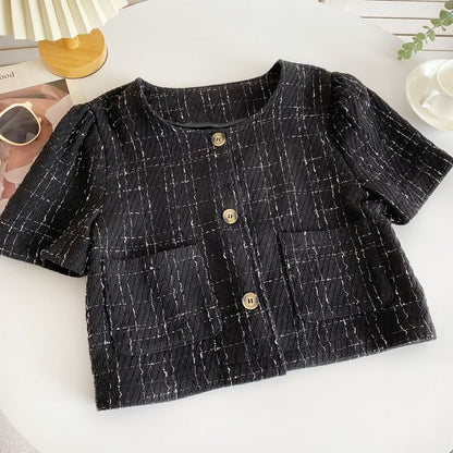 Short-Sleeve Plaid Pocket Detail Blouse