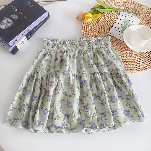 High Waist Floral Mini A-Line Skirt