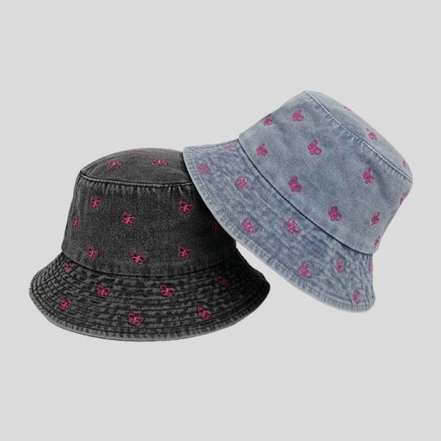 Washed Embroidered Hat Bucket Denim Bow