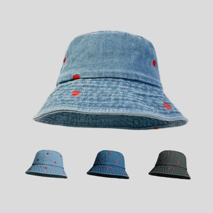 Washed Embroidered Heart Hat Denim Bucket