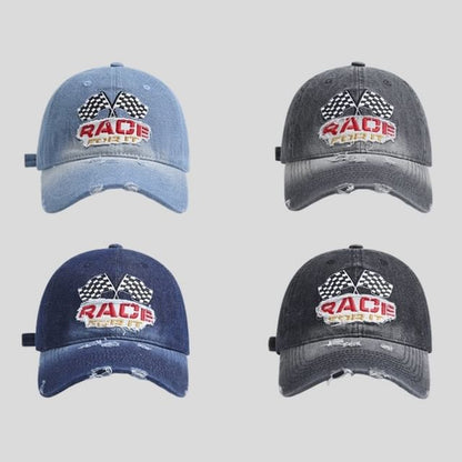 Lettering Cap Distressed Denim Embroidered Baseball Washed