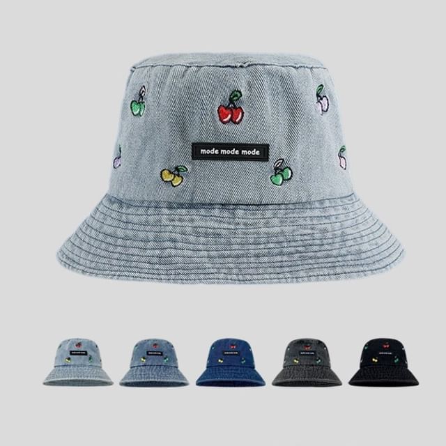 Embroidered Washed Hat Denim Bucket Cherry