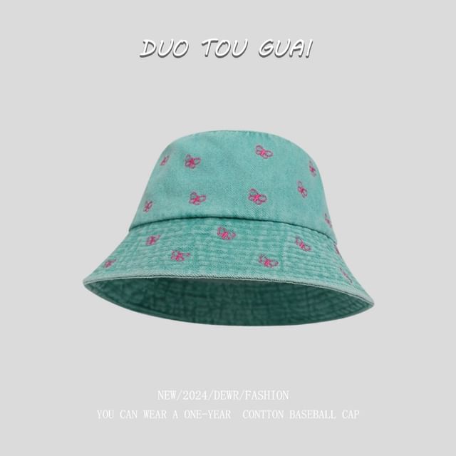 Washed Embroidered Hat Bucket Denim Bow