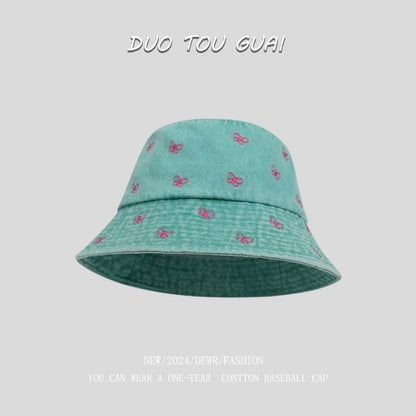 Washed Embroidered Hat Bucket Denim Bow