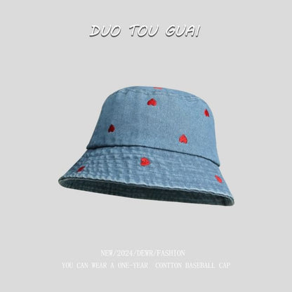Washed Embroidered Heart Hat Denim Bucket