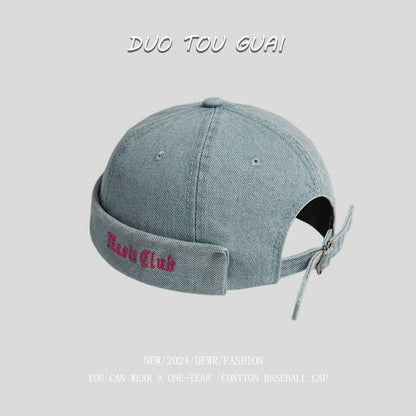 Washed Brimless Denim Embroidered Hat Lettering