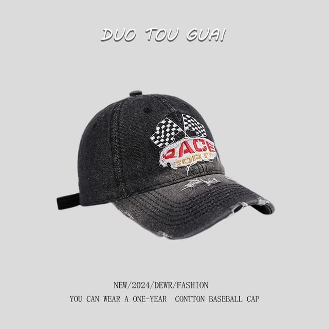 Lettering Cap Distressed Denim Embroidered Baseball Washed