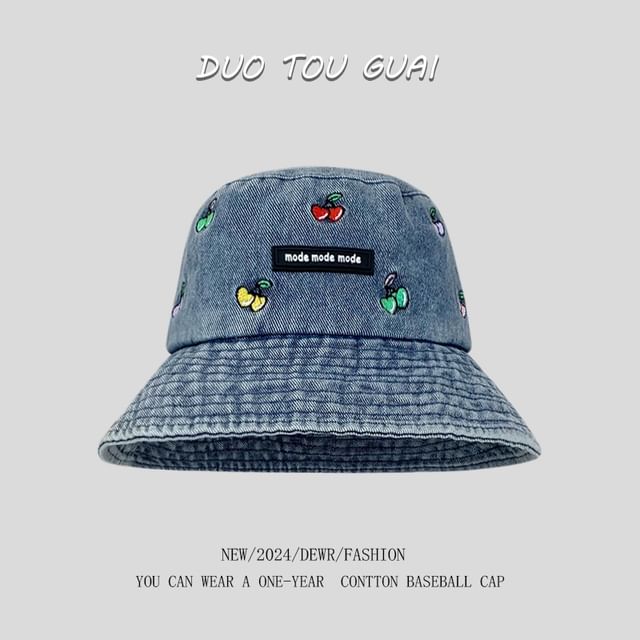 Embroidered Washed Hat Denim Bucket Cherry