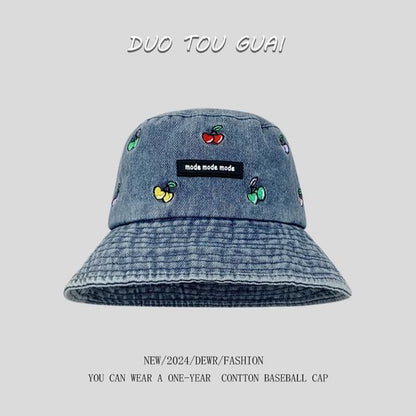 Embroidered Washed Hat Denim Bucket Cherry
