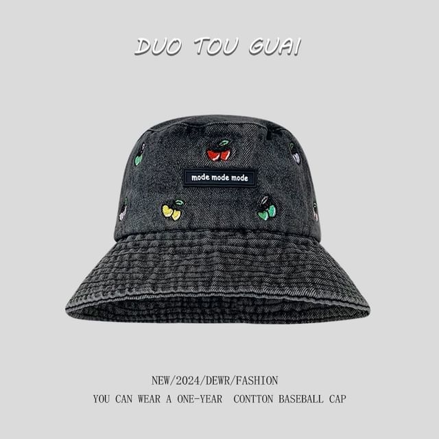 Embroidered Washed Hat Denim Bucket Cherry