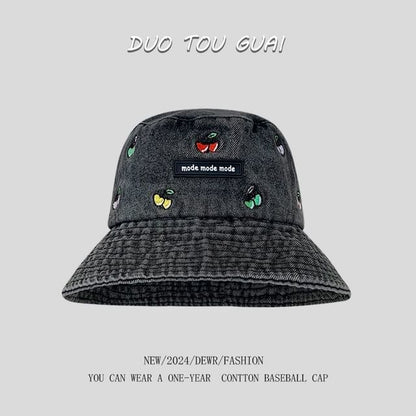 Embroidered Washed Hat Denim Bucket Cherry