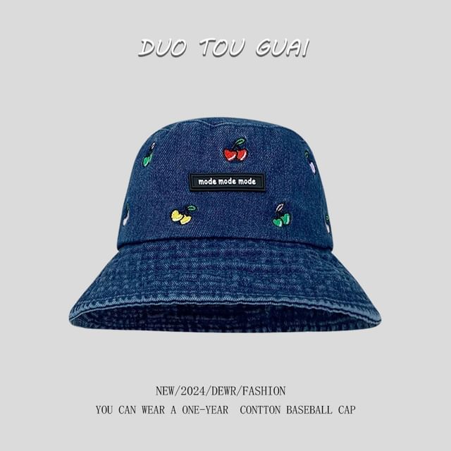 Embroidered Washed Hat Denim Bucket Cherry