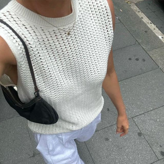 Plain Neck Round Top Knit Sleeveless