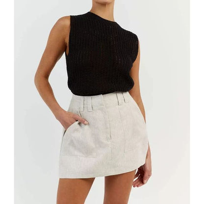Plain Neck Round Top Knit Sleeveless