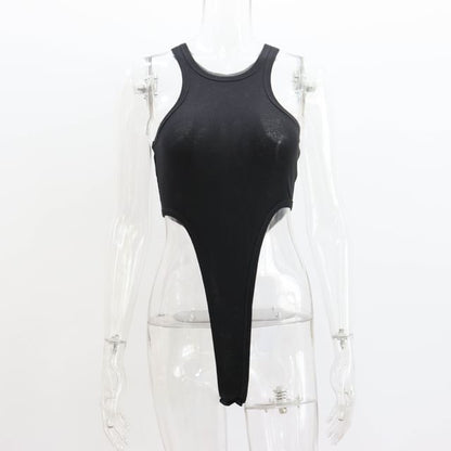 Sleeveless Neck Plain Crew Bodysuit Top