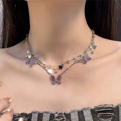 Butterfly Faux Layered Crystal Fringed Necklace