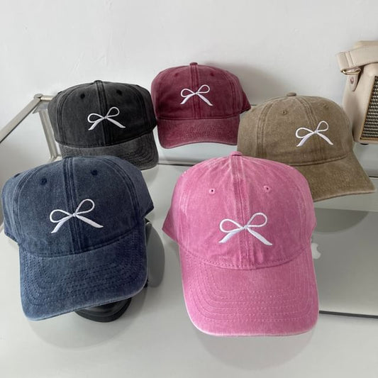 Washed Cap Bow Baseball Embroidered