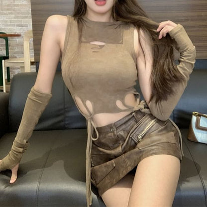 Round Top Mini Skirt Cutout Mid Pencil Waist Faux / Neck Leather Sleeveless