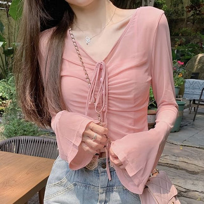 / Long-Sleeve Camisole Sheer Top Plain V-Neck