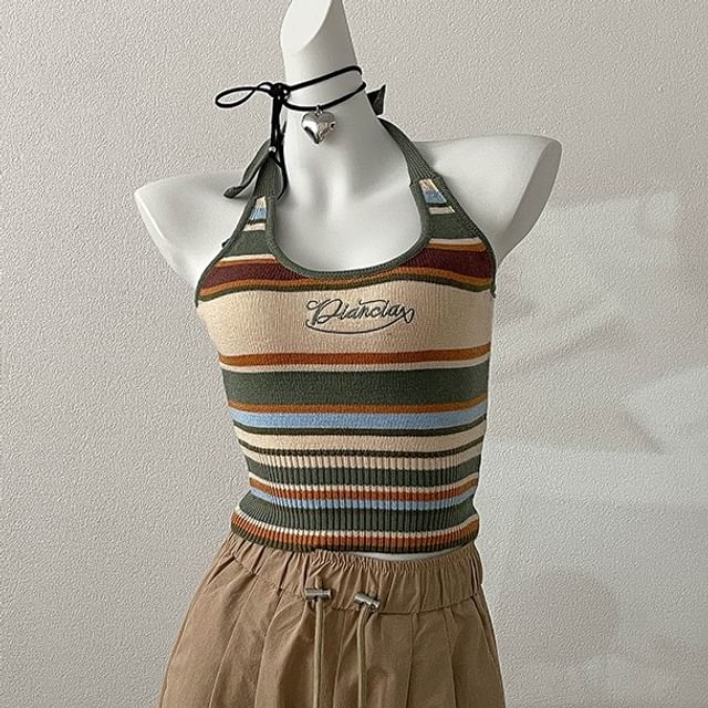 Embroidered Top Striped Letter Halter