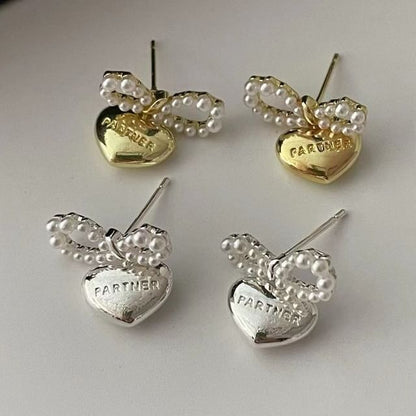 Faux Pearl Bow Heart Drop Earring