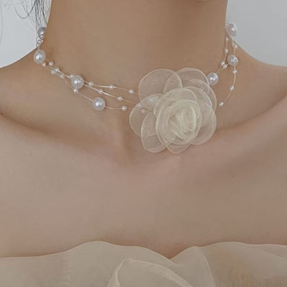 Faux Floral Choker Layered / Pearl