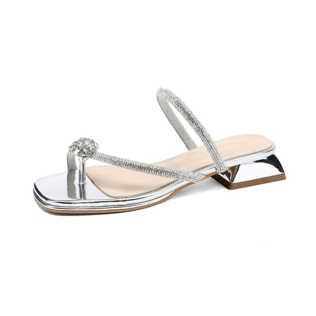 Rhinestone Toe Loop Chunky Heel Slide Sandals