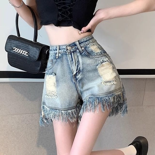 Denim High Waist Distressed Washed Fringe Shorts