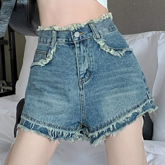 High Denim Fray Shorts Waist Washed