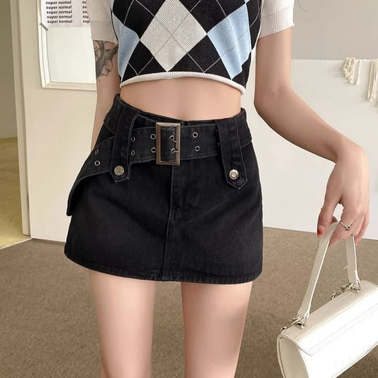 Skort A-Line Denim Waist Belted High Mini