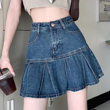 Pleated Mini A-Line Rise Washed Skirt Denim High
