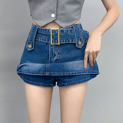 Skort A-Line Denim Waist Belted High Mini