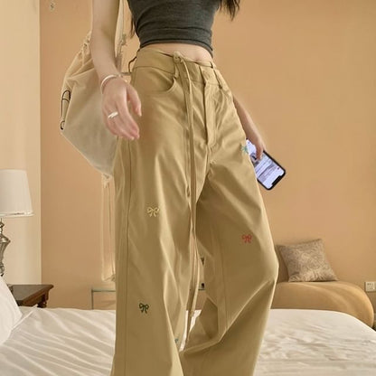 Bow Pants Leg Embroidered Tie-Up Wide Mid Waist