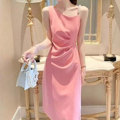 Sleeveless Slit Pearl Dress Midi Faux Ruched A-Line Plain Strap