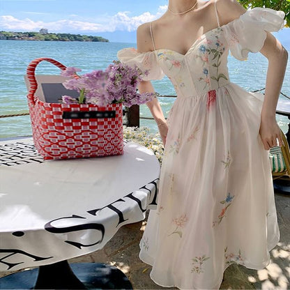 Dress Floral Cold-Shoulder A-Line Midi Puff-Sleeve