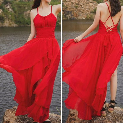 Strap Back Plain Open Maxi Lace-Up Spaghetti Sundress