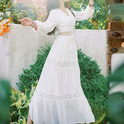 A-Line Trim Dress V-Neck Lace Plain Puff-Sleeve Maxi