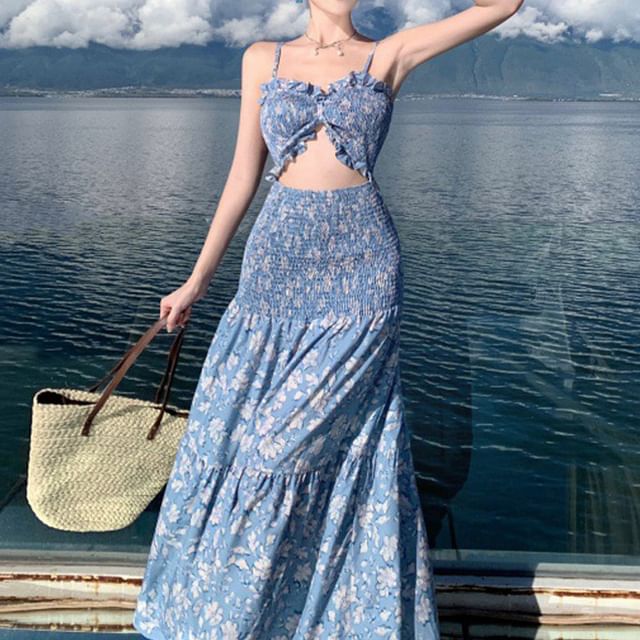 Sundress Maxi Cutout Strap Spaghetti Floral