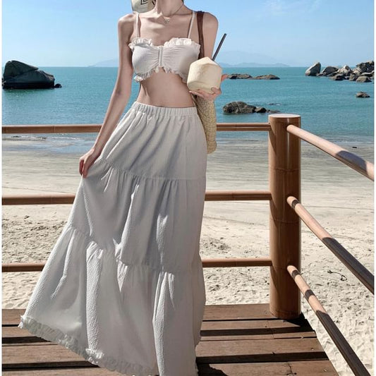 Top + Maxi Ruffle High Skirt Set: Cami Plain Waist Cropped A-Line