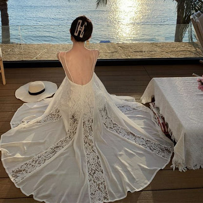 Open Plain Back Spaghetti Sundress Lace Maxi Panel Strap