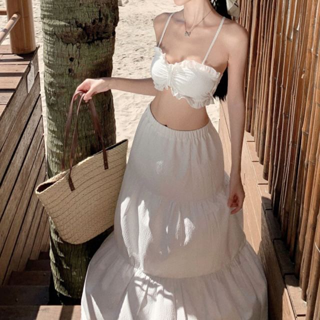 Top + Maxi Ruffle High Skirt Set: Cami Plain Waist Cropped A-Line