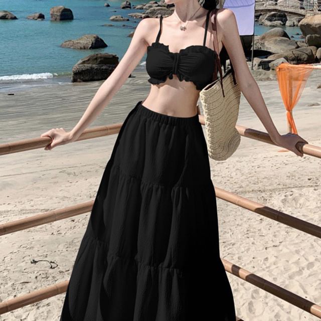Top + Maxi Ruffle High Skirt Set: Cami Plain Waist Cropped A-Line