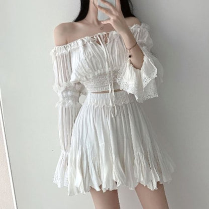 Off-Shoulder Plain Lace Trim Cropped Blouse / High Rise Asymmetrical Mini A-Line Skirt