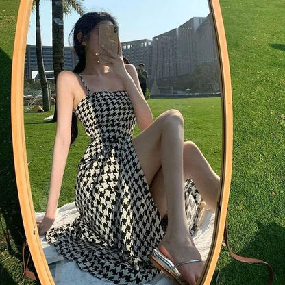 Dress Slit Maxi A-Line Houndstooth Spaghetti Strap