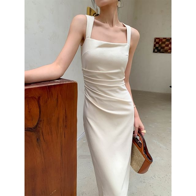 Ruched Sheath Sleeveless Square Plain Neck Midi Dress