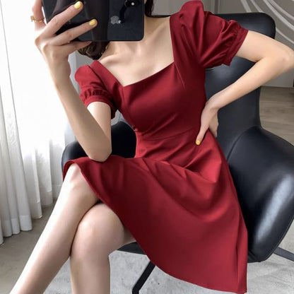 A-Line Mini Dress Plain Puff Neck Square Sleeve