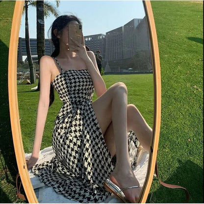 Dress Slit Maxi A-Line Houndstooth Spaghetti Strap